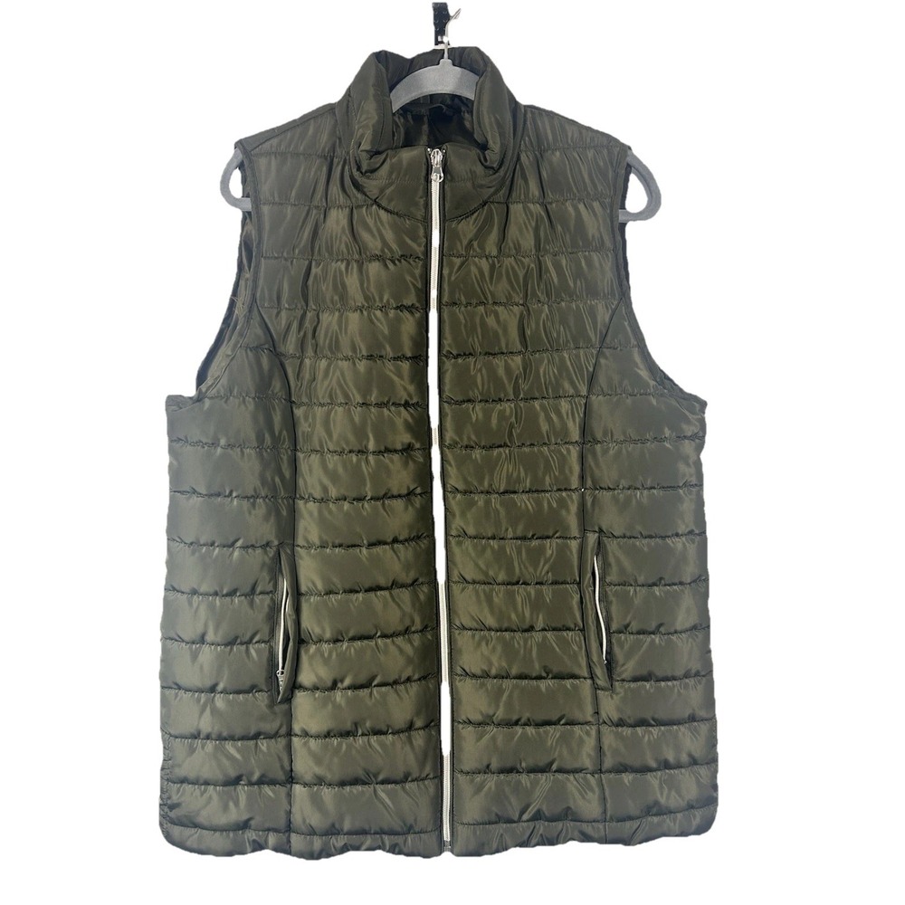 ZENANA Olive Green Puffer Vest 1X Plus Size Quilted Gorpcore Utility Minimalist